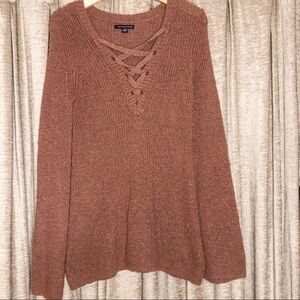 American Eagle Dusty Pink Lace Up Neckline Sweater